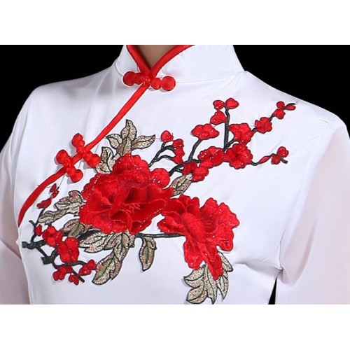 Women's Chinese traditional folk dance costumes female dresses white color with red rose  for girls yangko umbrella fairy drama cosplay fan dresses